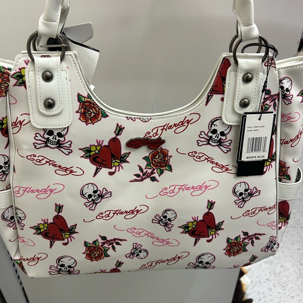 Ed Hardy White Shoulder Bag with Skull and Rose Design